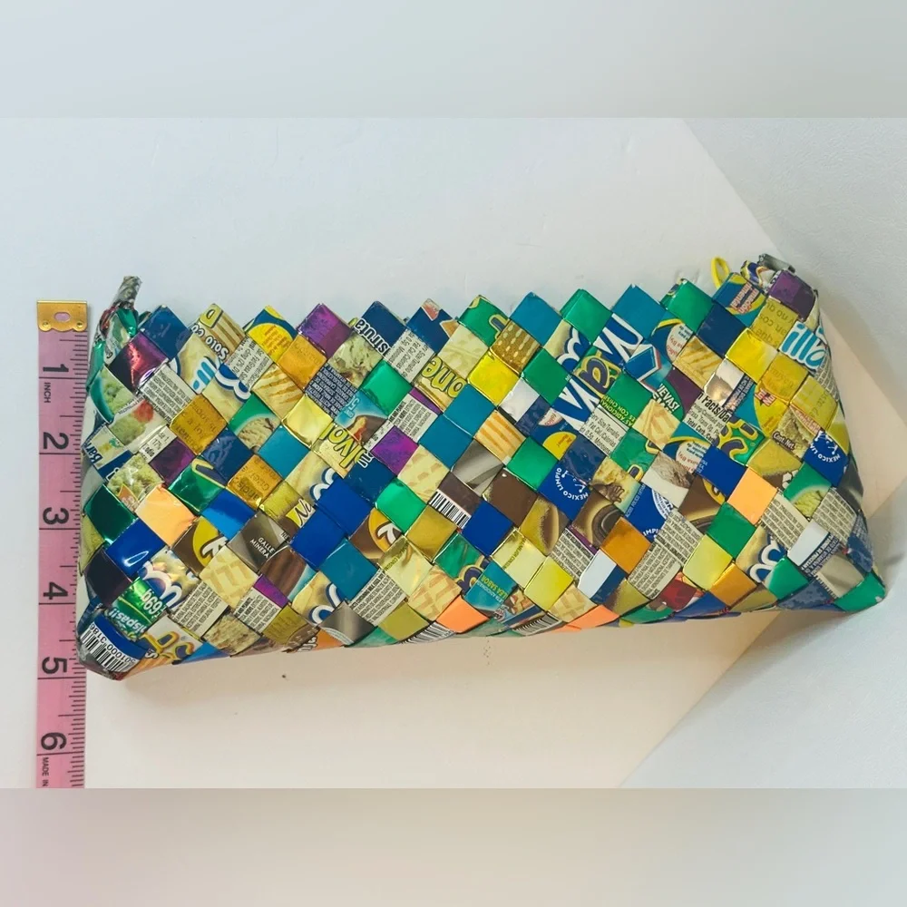 Vintage Handmade Candy Wrapper Clutch Bag Multicolor With Yellow Zipper